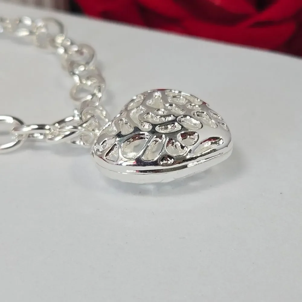 Puffy Filigree Heart Bracelet Stainless Steel Chunky Chain Love Romantic Gift